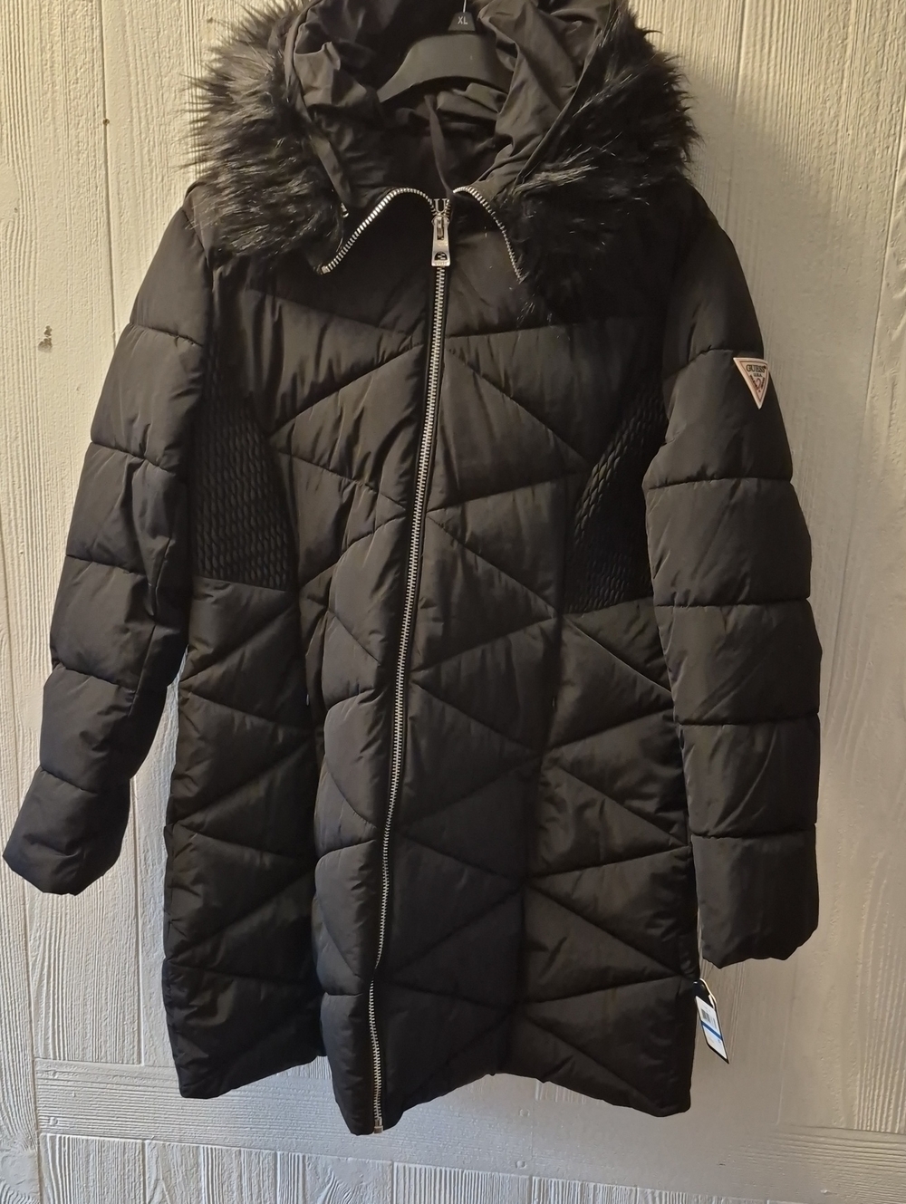 Guess Women's Black Quilted Hooded Coat with Faux Fur Trim